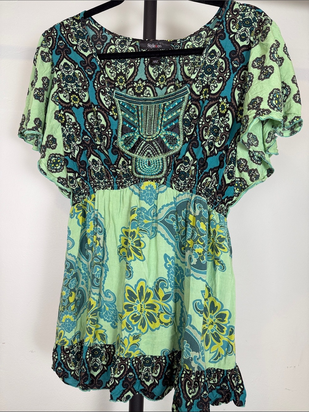 Style & Co.Mint Green and Teal Embroidered Boho Tunic 🦚 Size Medium EUC